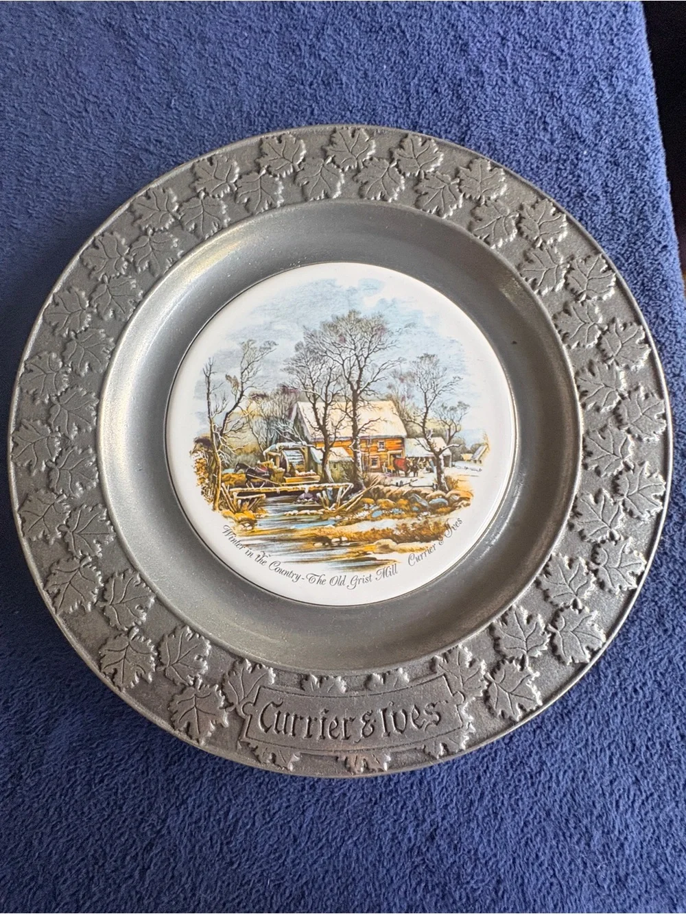Vintage Currier & Ives Old Grist Mill Pewter Plate | Carson Freeport PA | Winter